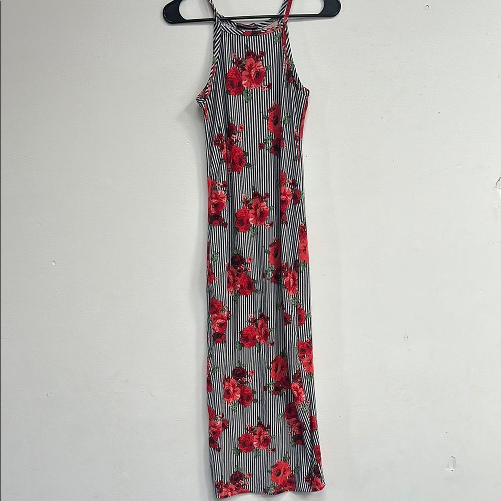 Floral Striped Maxi Dress - Red and Black